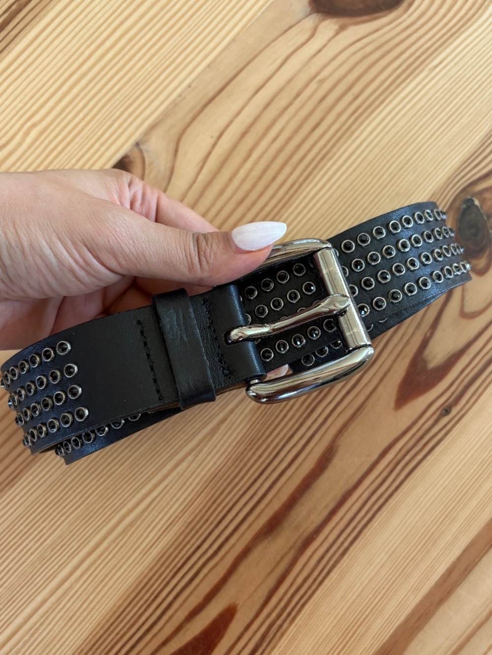 Streets Ahead Black Leather Studded Belt Silver Buckle Size S